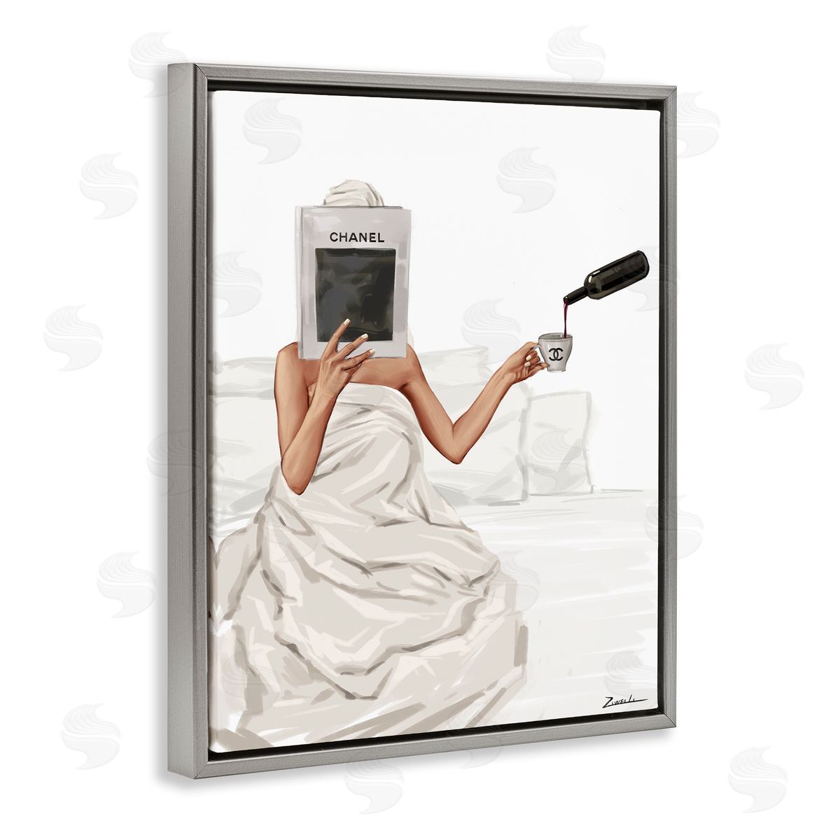 Pouring Drink in Bed Grey Floating Frame Canvas Wall Art, Home Decor by Ziwei Li