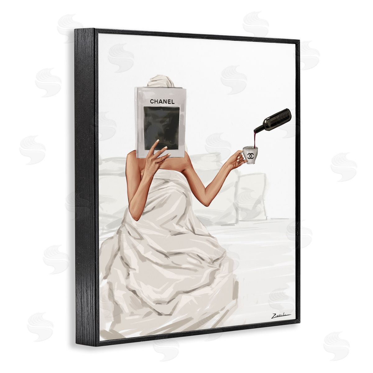 Pouring Drink in Bed Black Frame Print Wall Art, Home Decor by Ziwei Li