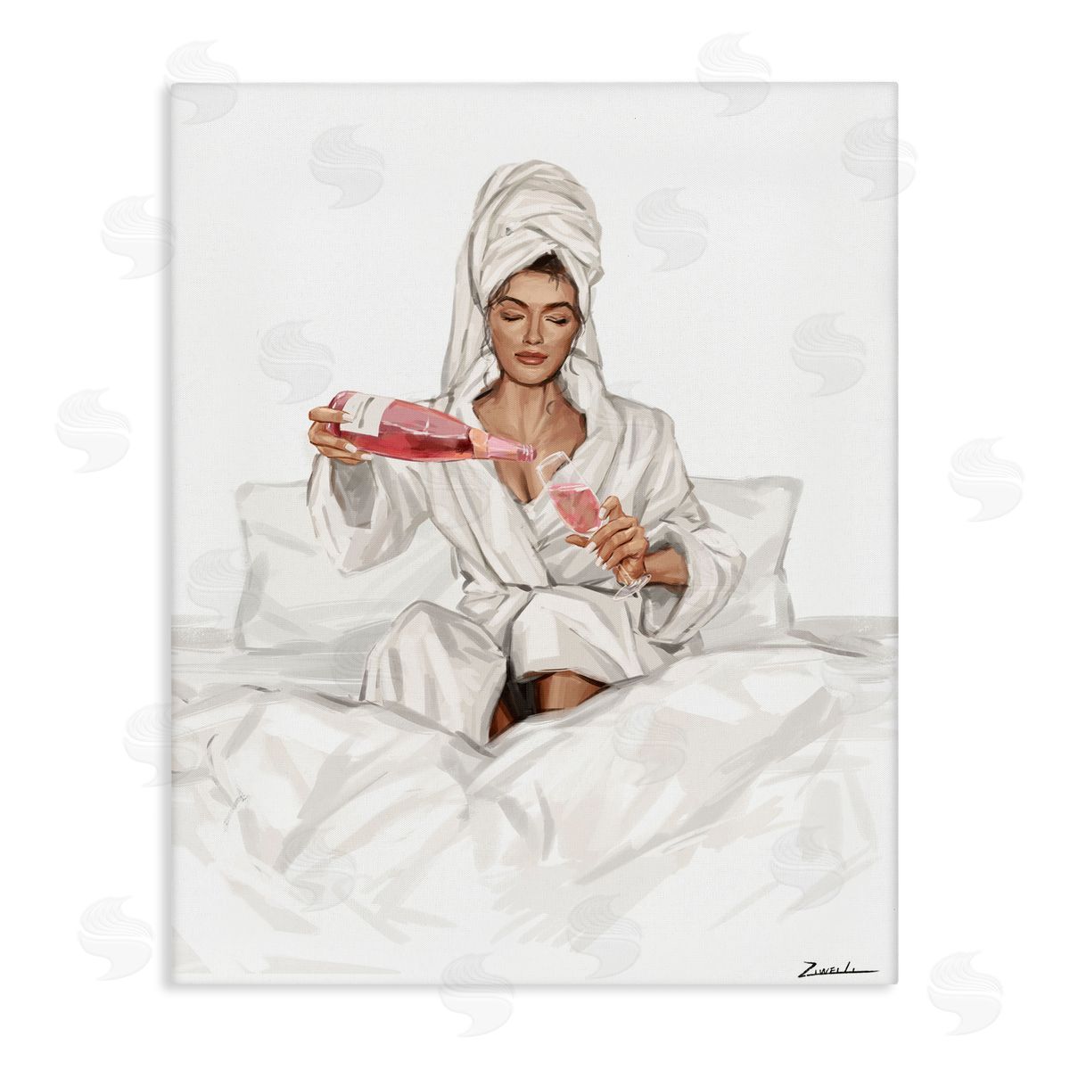 Pouring Rosé Wine in Bed Canvas Wall Art, Home Decor by Ziwei Li
