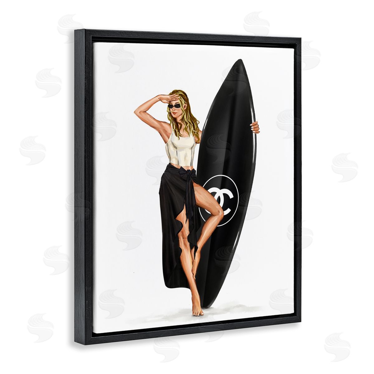 Trendy Surfer Girl in Black Black Floating Frame Canvas Wall Art, Home Decor by Ziwei Li