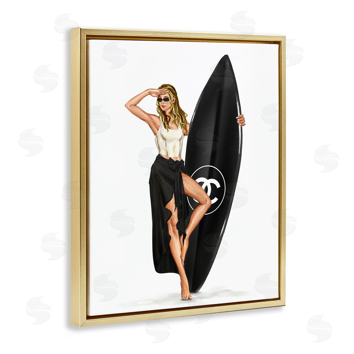 Trendy Surfer Girl in Black Gold Floating Frame Canvas Wall Art, Home Decor by Ziwei Li