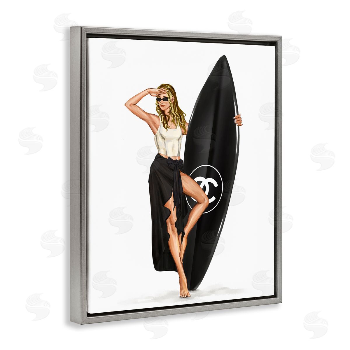 Trendy Surfer Girl in Black Grey Floating Frame Canvas Wall Art, Home Decor by Ziwei Li