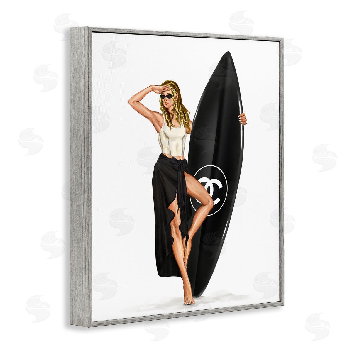 Trendy Surfer Girl in Black Grey Frame Print Wall Art, Home Decor by Ziwei Li