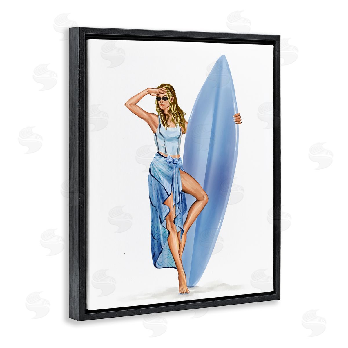 Trendy Surfer Girl in Blue Black Floating Frame Canvas Wall Art, Home Decor by Ziwei Li