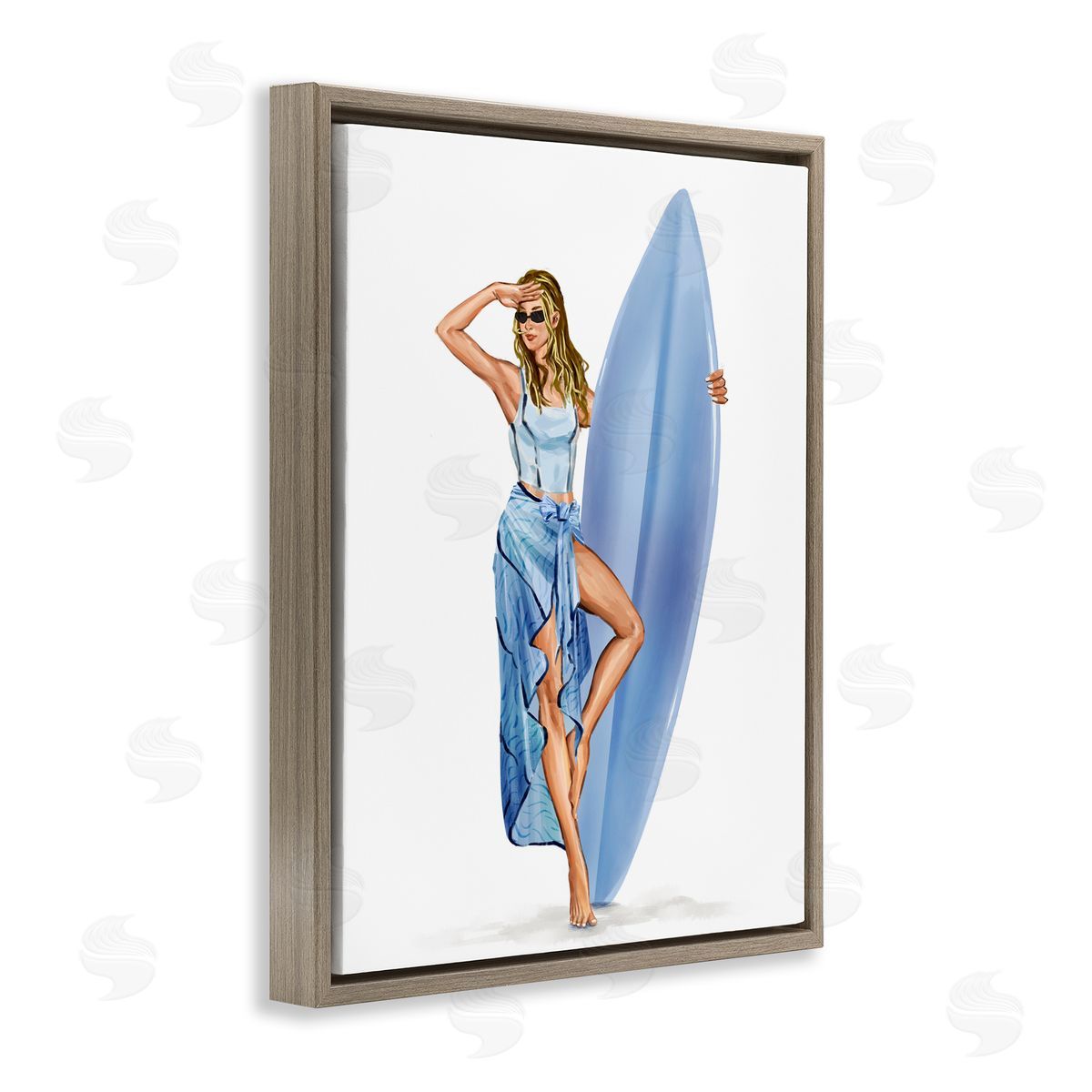 Trendy Surfer Girl in Blue Brown Floating Frame Canvas Wall Art, Home Decor by Ziwei Li