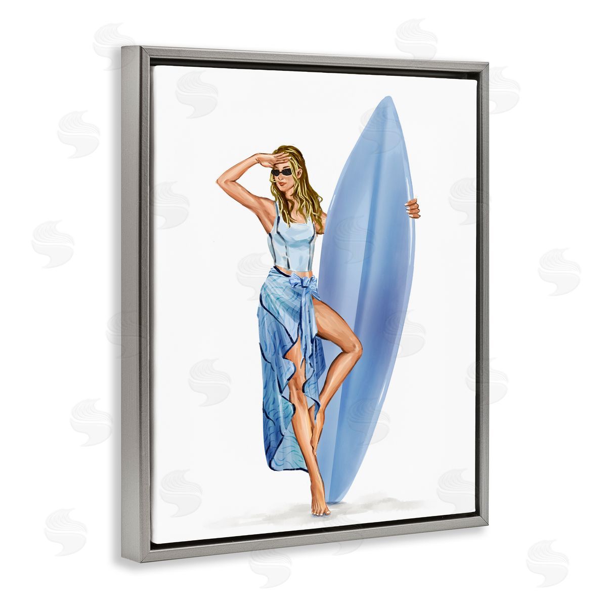 Trendy Surfer Girl in Blue Grey Floating Frame Canvas Wall Art, Home Decor by Ziwei Li