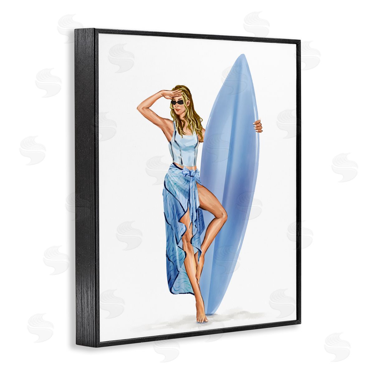 Trendy Surfer Girl in Blue Black Frame Print Wall Art, Home Decor by Ziwei Li