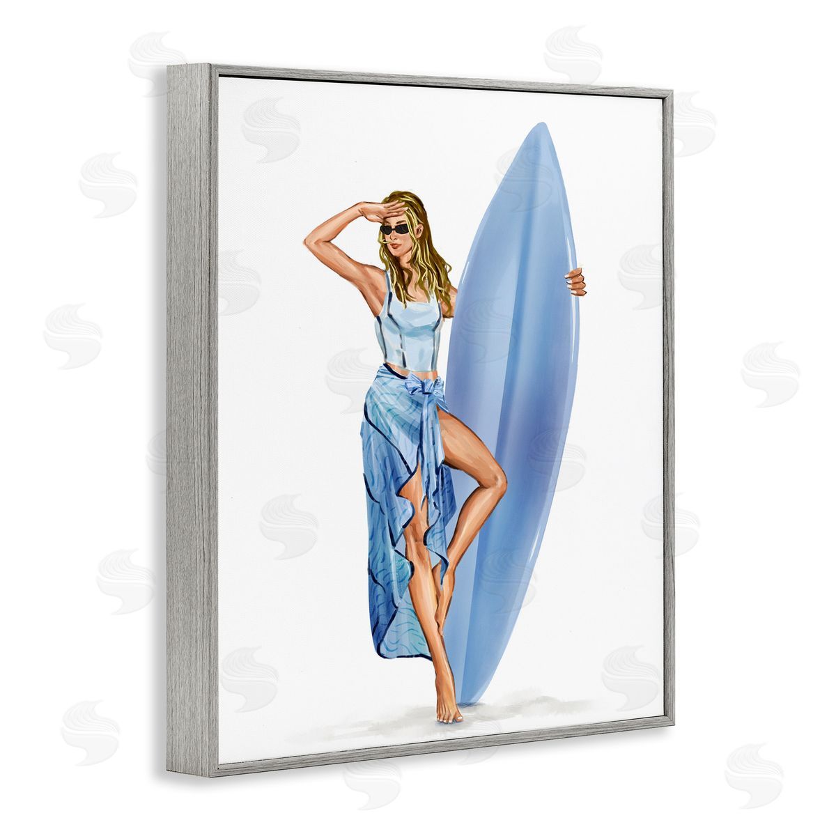 Trendy Surfer Girl in Blue Grey Frame Print Wall Art, Home Decor by Ziwei Li