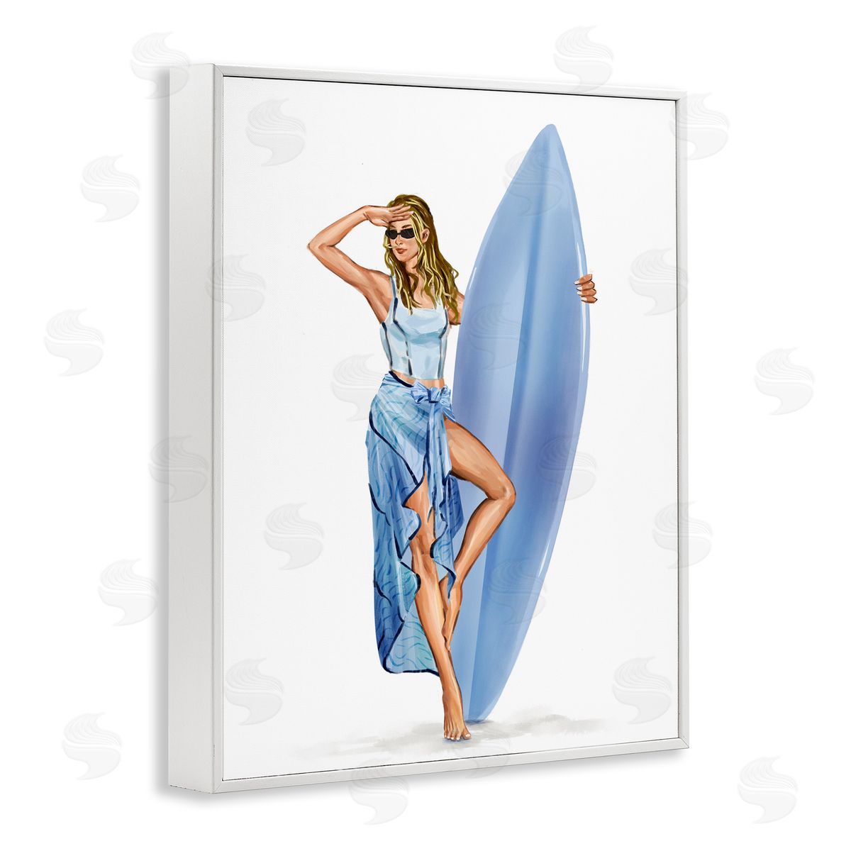 Trendy Surfer Girl in Blue White Frame Print Wall Art, Home Decor by Ziwei Li