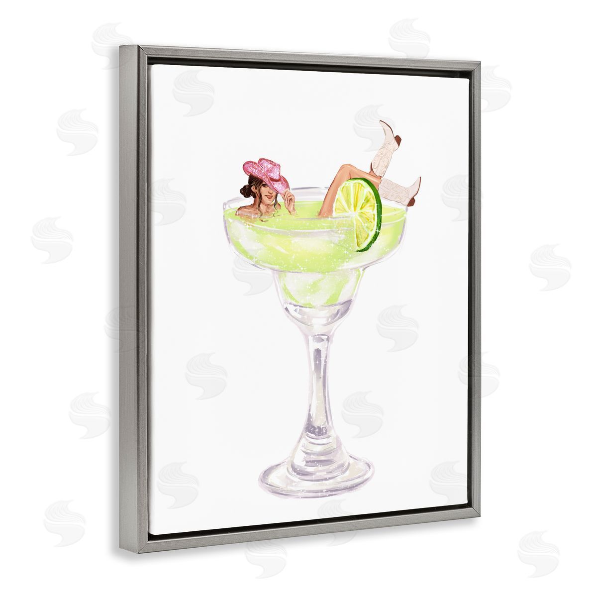 Cowgirl Lounging in Cocktail Grey Floating Frame Canvas Wall Art, Home Decor by Ziwei Li