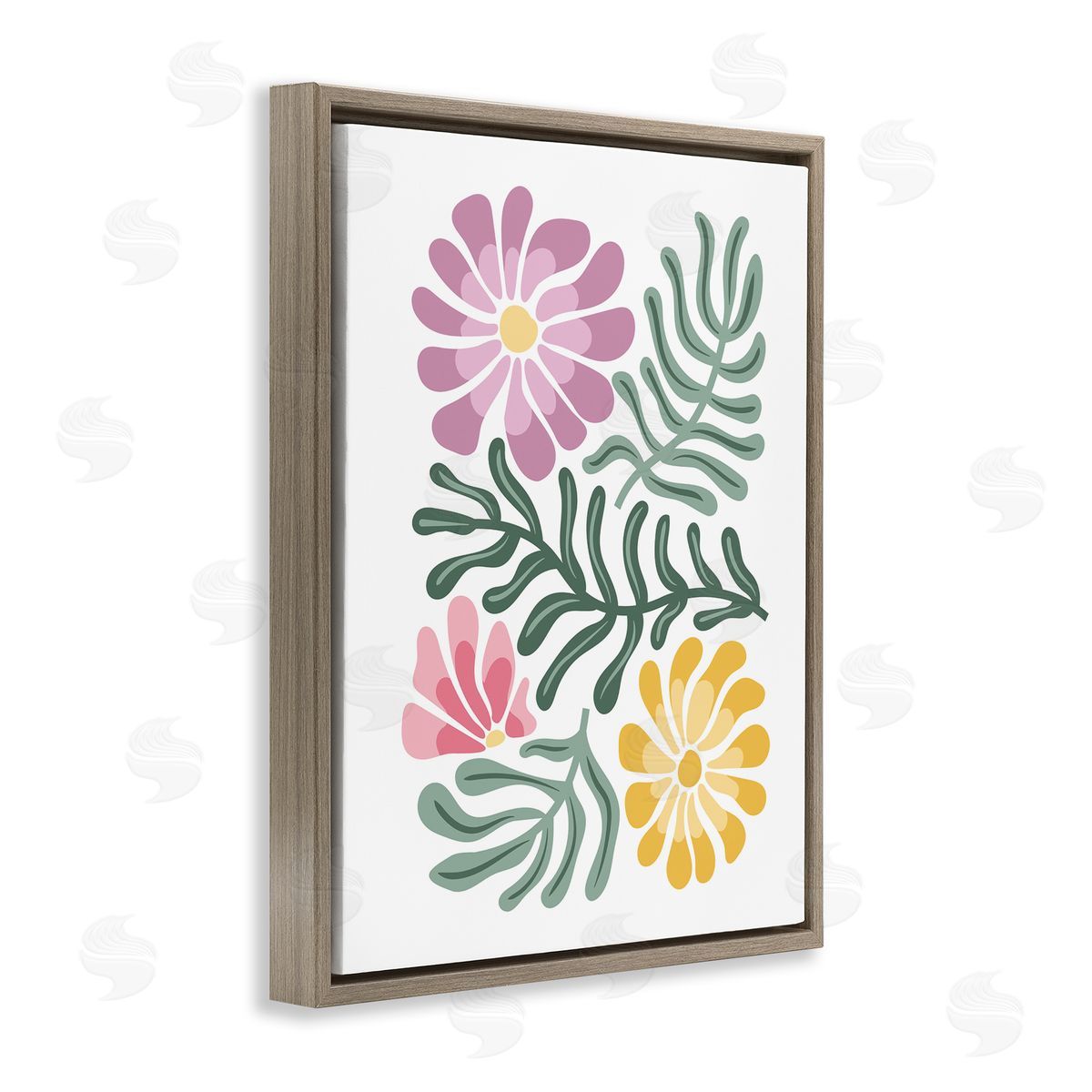 Pastel Midcentury Mod Blooms Brown Floating Frame Canvas Wall Art, Home Decor by Kim Allen