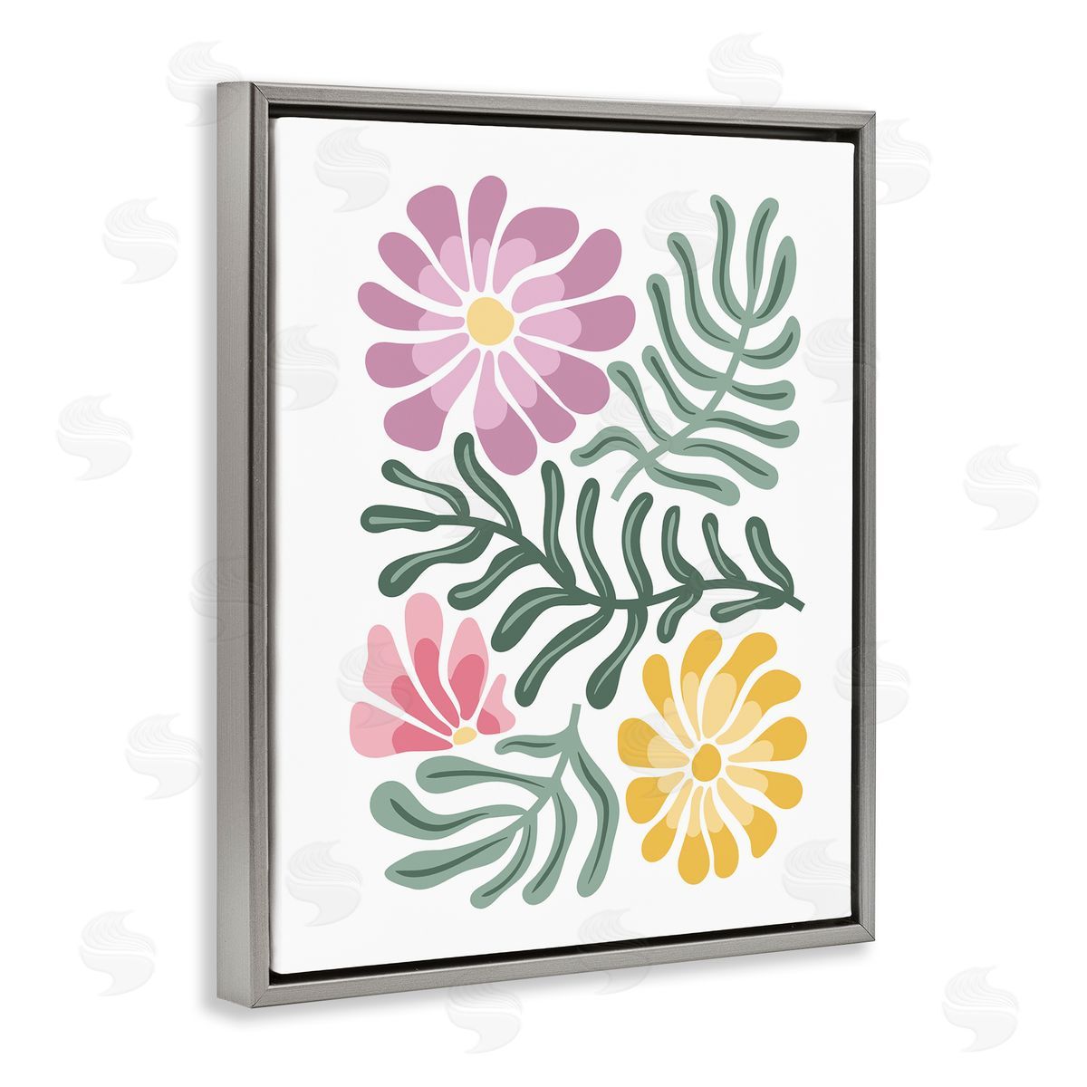 Pastel Midcentury Mod Blooms Grey Floating Frame Canvas Wall Art, Home Decor by Kim Allen