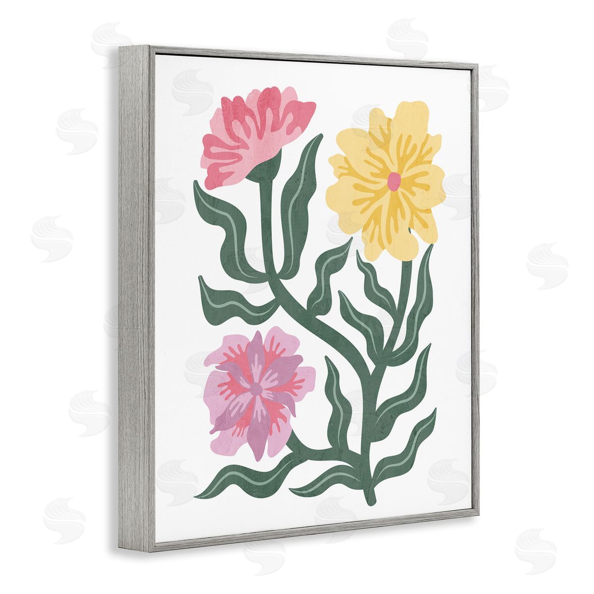 Modern Blooms with Curved Leaves Grey Frame Print Wall Art, Home Decor by Kim Allen