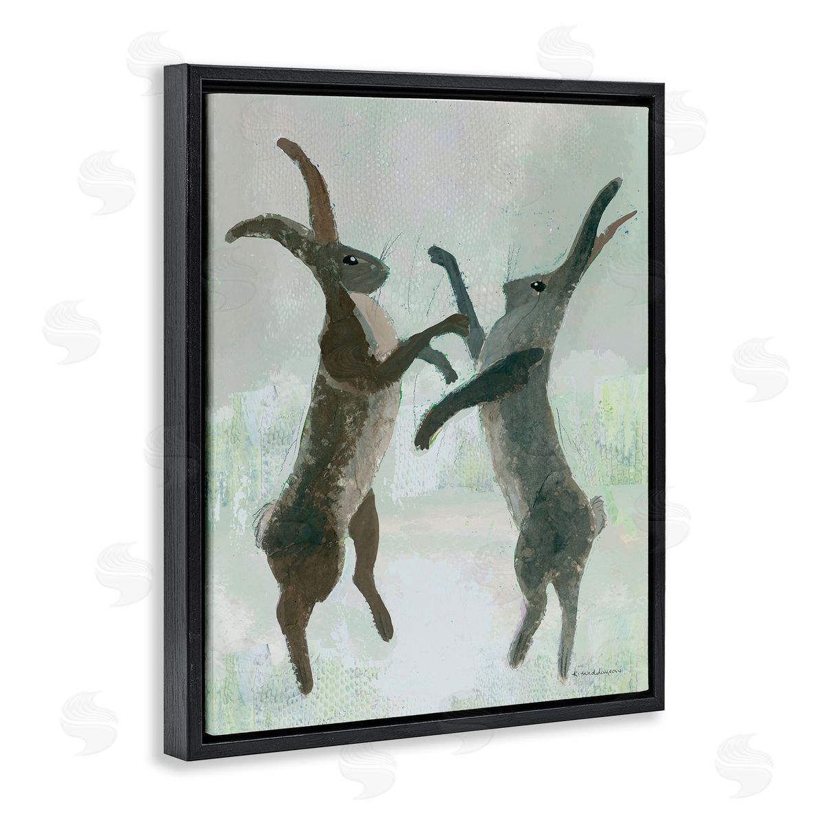 Boxing Hares Impression Black Floating Frame Canvas Wall Art, Home Decor by Kay Widdowson