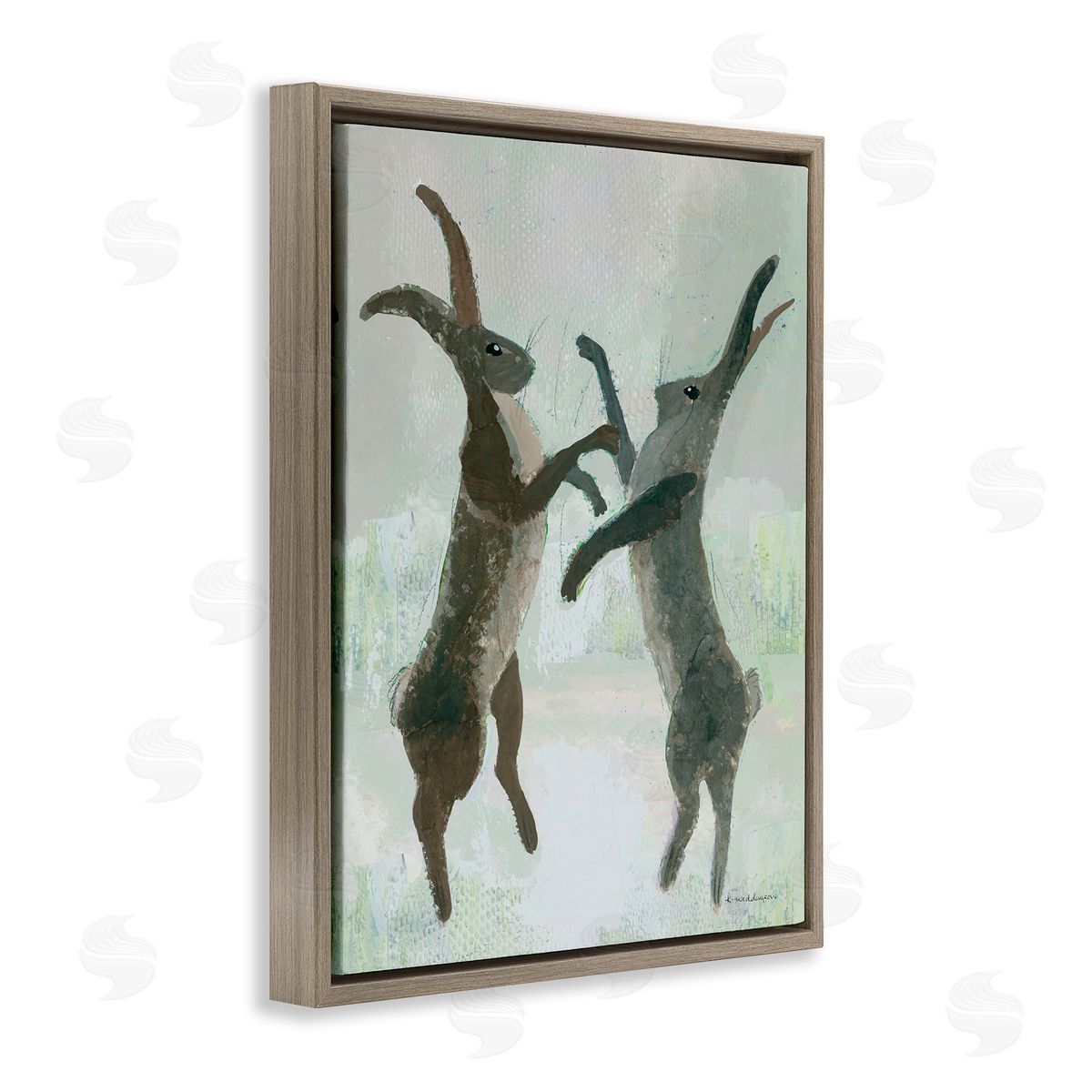Boxing Hares Impression Brown Floating Frame Canvas Wall Art, Home Decor by Kay Widdowson
