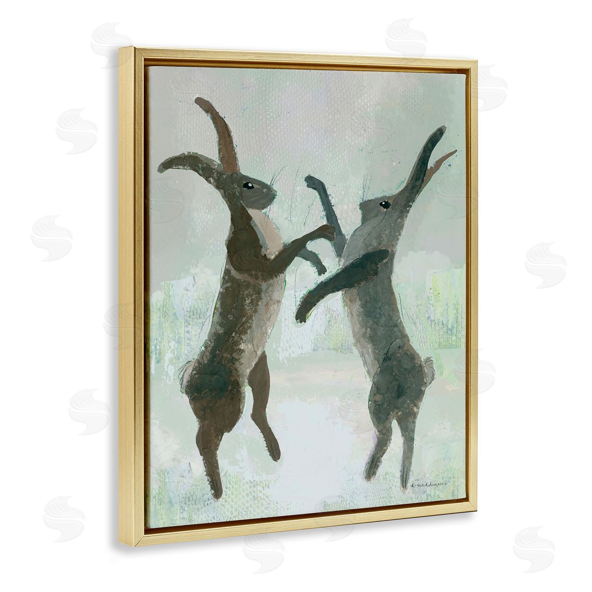 Boxing Hares Impression Gold Floating Frame Canvas Wall Art, Home Decor by Kay Widdowson
