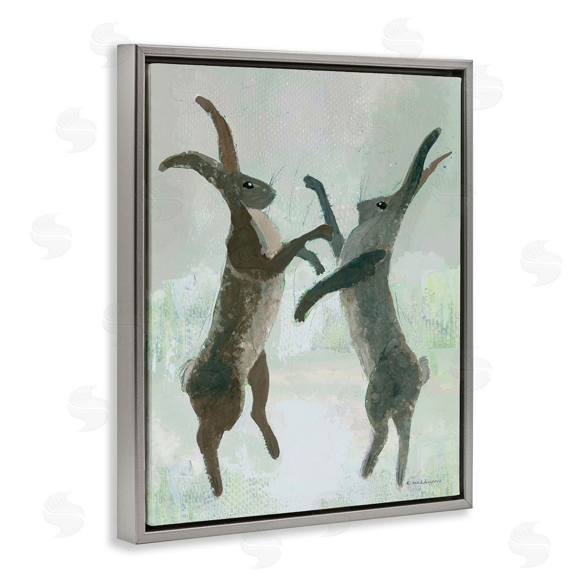 Boxing Hares Impression Grey Floating Frame Canvas Wall Art, Home Decor by Kay Widdowson