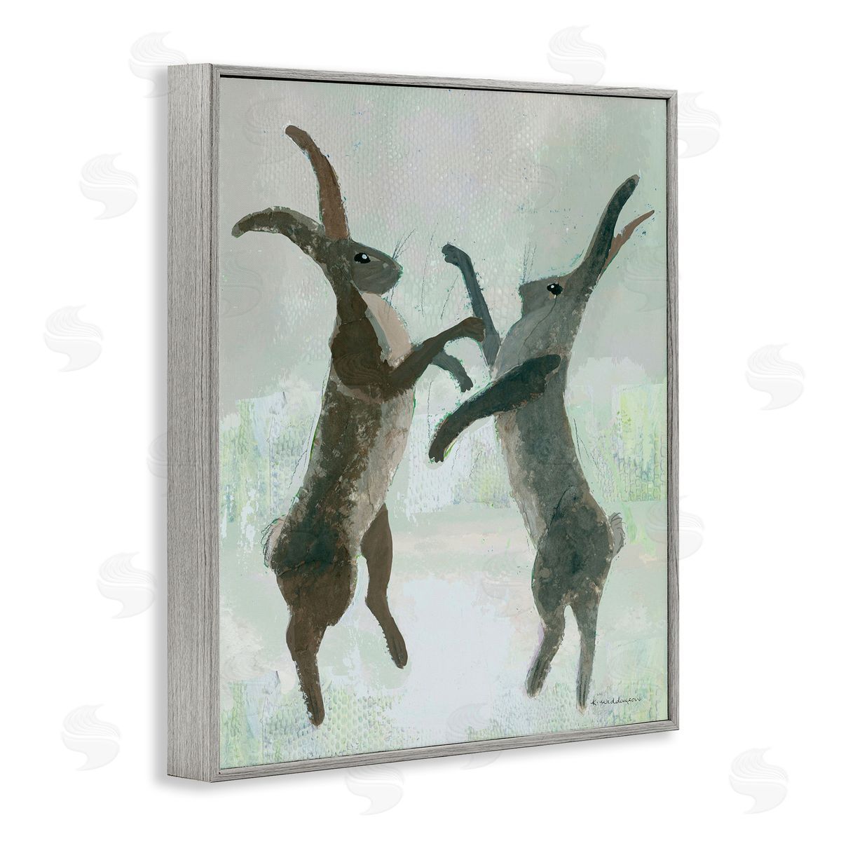 Boxing Hares Impression Grey Frame Print Wall Art, Home Decor by Kay Widdowson