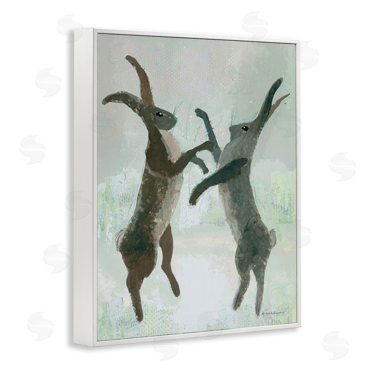 Boxing Hares Impression White Frame Print Wall Art, Home Decor by Kay Widdowson