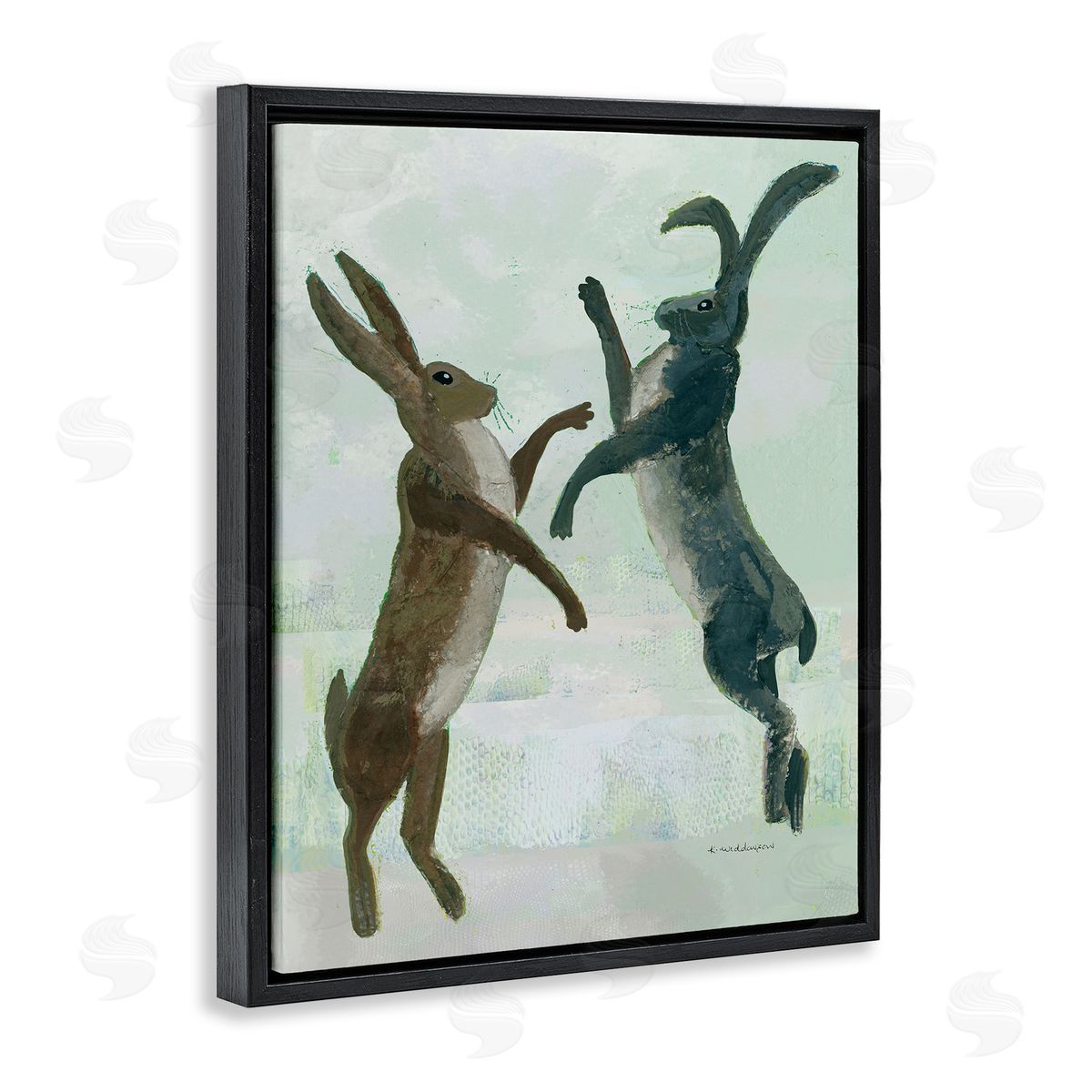 Rustic Boxing Hares Black Floating Frame Canvas Wall Art, Home Decor by Kay Widdowson
