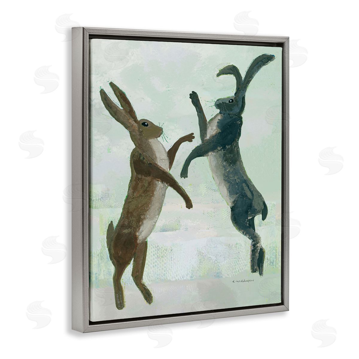 Rustic Boxing Hares Grey Floating Frame Canvas Wall Art, Home Decor by Kay Widdowson