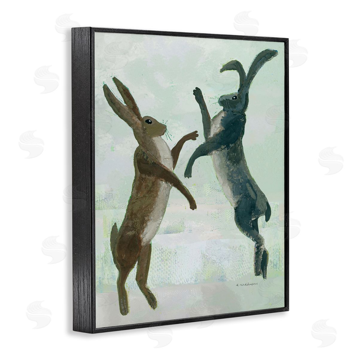 Rustic Boxing Hares Black Frame Print Wall Art, Home Decor by Kay Widdowson