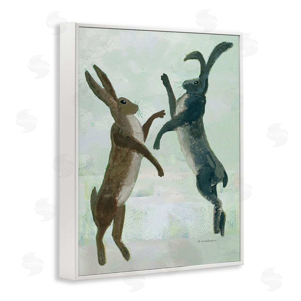 Rustic Boxing Hares White Frame Print Wall Art, Home Decor by Kay Widdowson