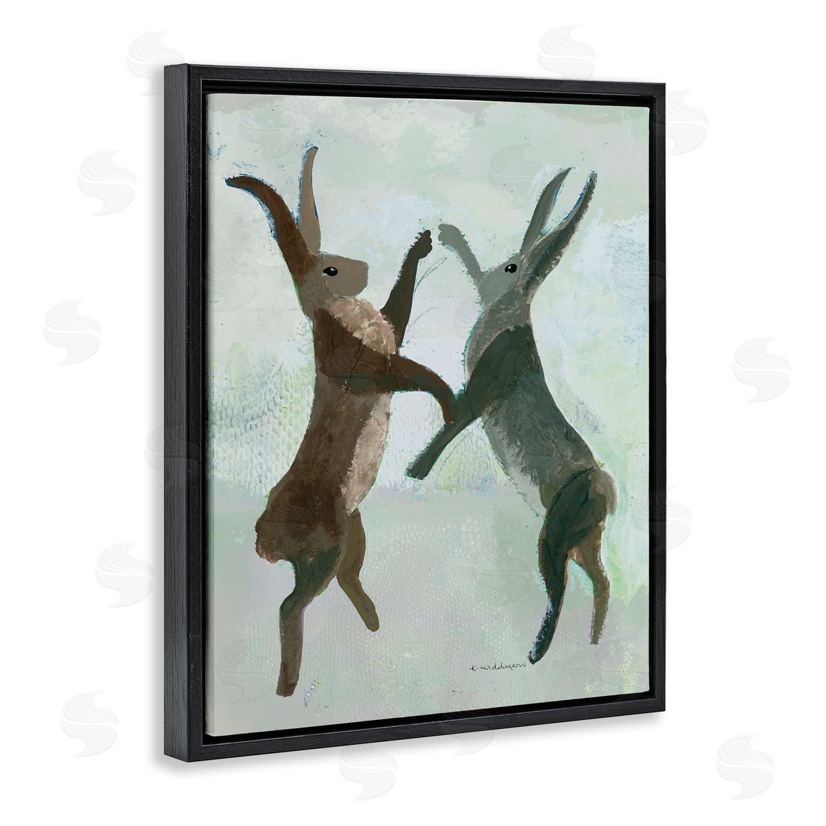 Boxing Hares in Neutral Tones Black Floating Frame Canvas Wall Art, Home Decor by Kay Widdowson