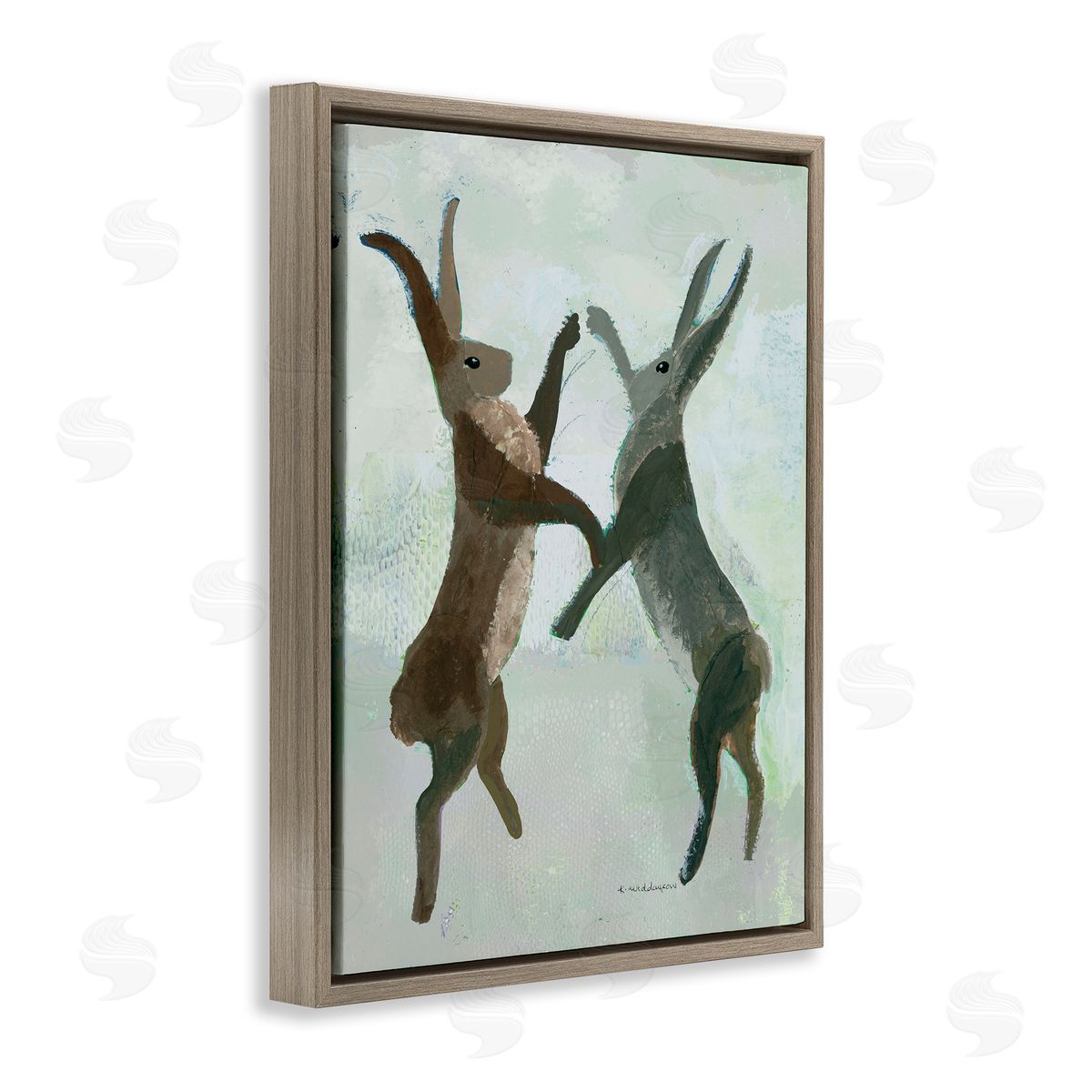 Boxing Hares in Neutral Tones Brown Floating Frame Canvas Wall Art, Home Decor by Kay Widdowson