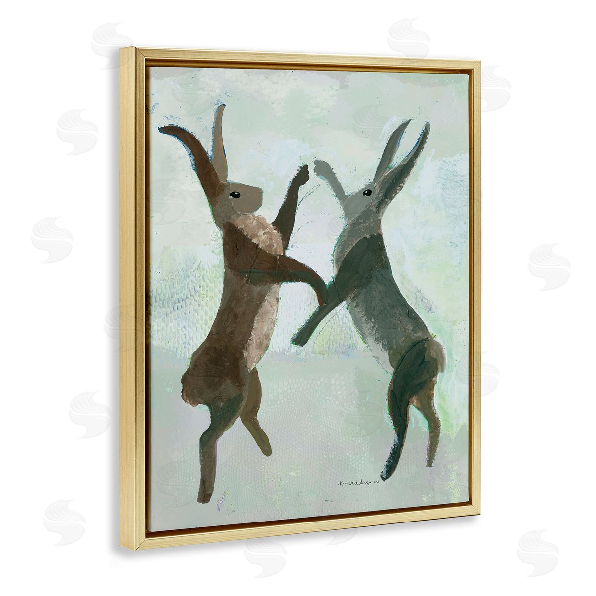 Boxing Hares in Neutral Tones Gold Floating Frame Canvas Wall Art, Home Decor by Kay Widdowson