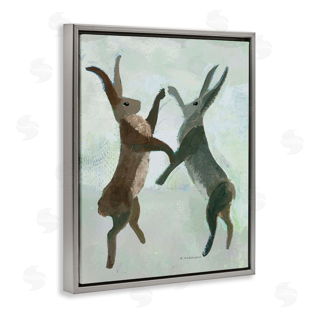 Boxing Hares in Neutral Tones Grey Floating Frame Canvas Wall Art, Home Decor by Kay Widdowson