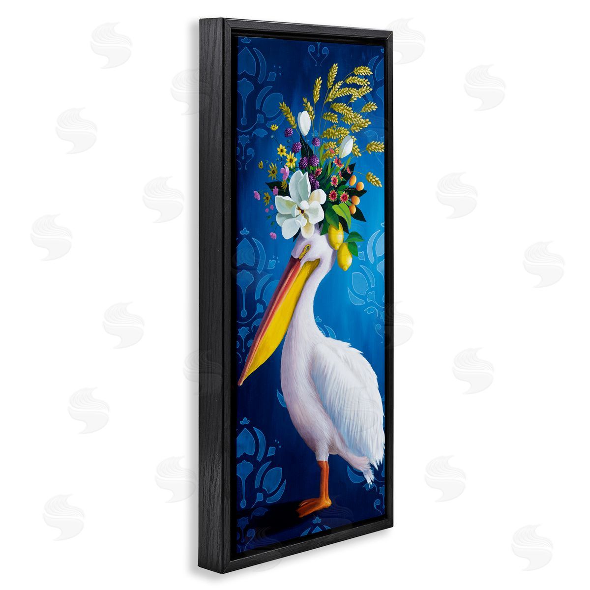Floral Pelican over Damask Black Floating Frame Canvas Wall Art, Home Decor by Heather Gauthier