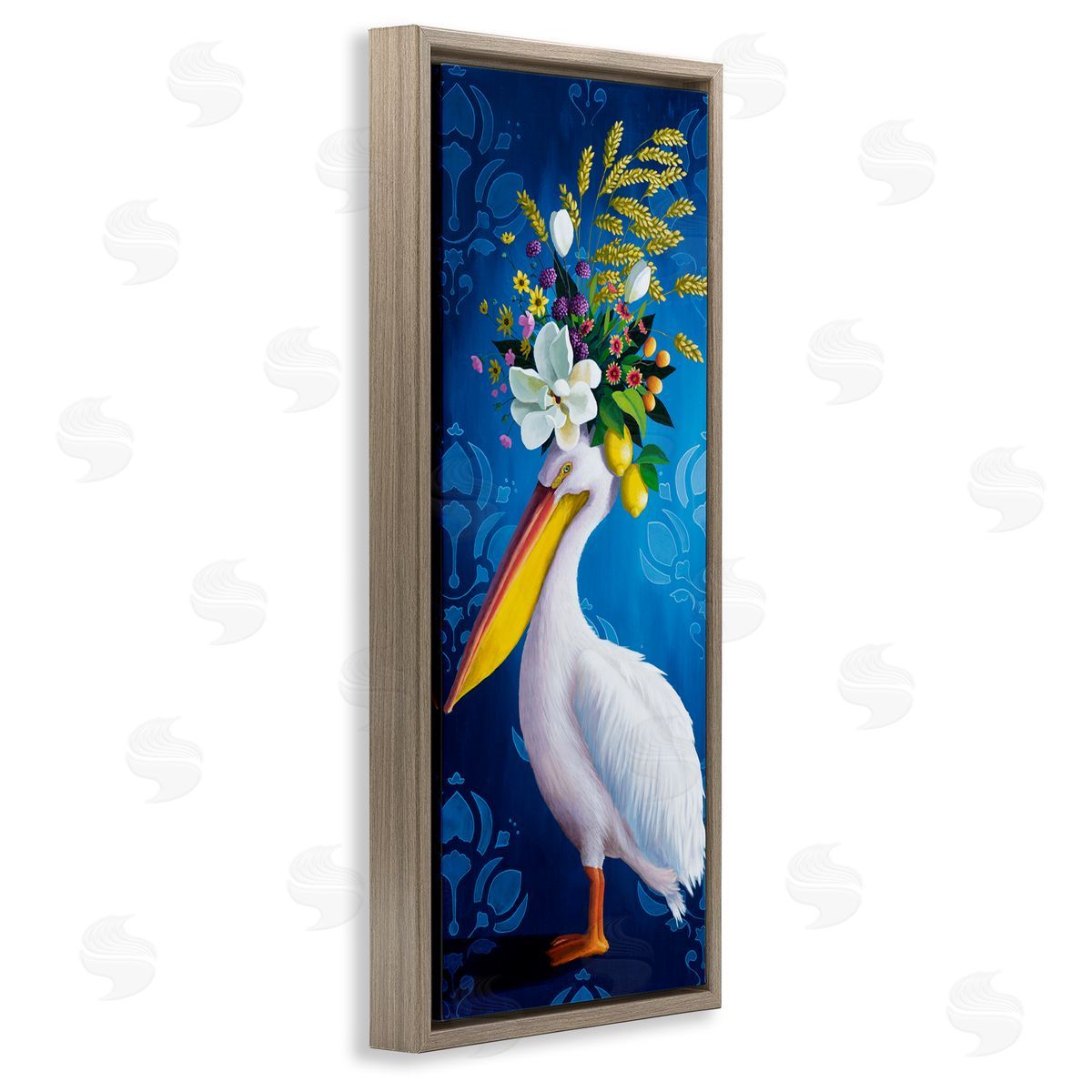 Floral Pelican over Damask Brown Floating Frame Canvas Wall Art, Home Decor by Heather Gauthier