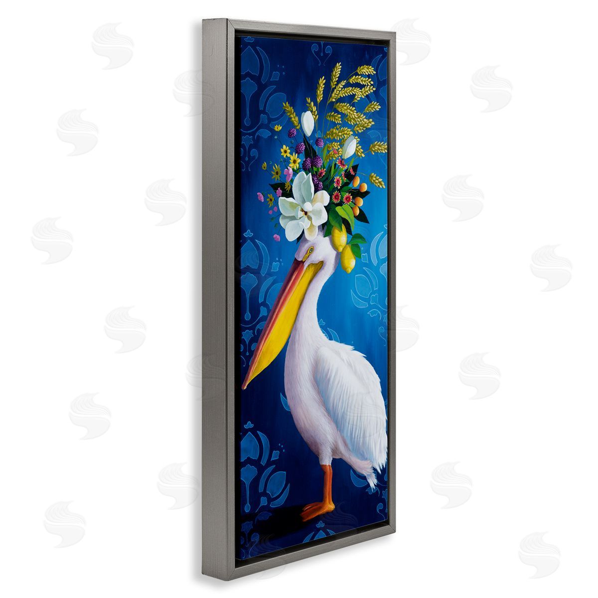 Floral Pelican over Damask Grey Floating Frame Canvas Wall Art, Home Decor by Heather Gauthier