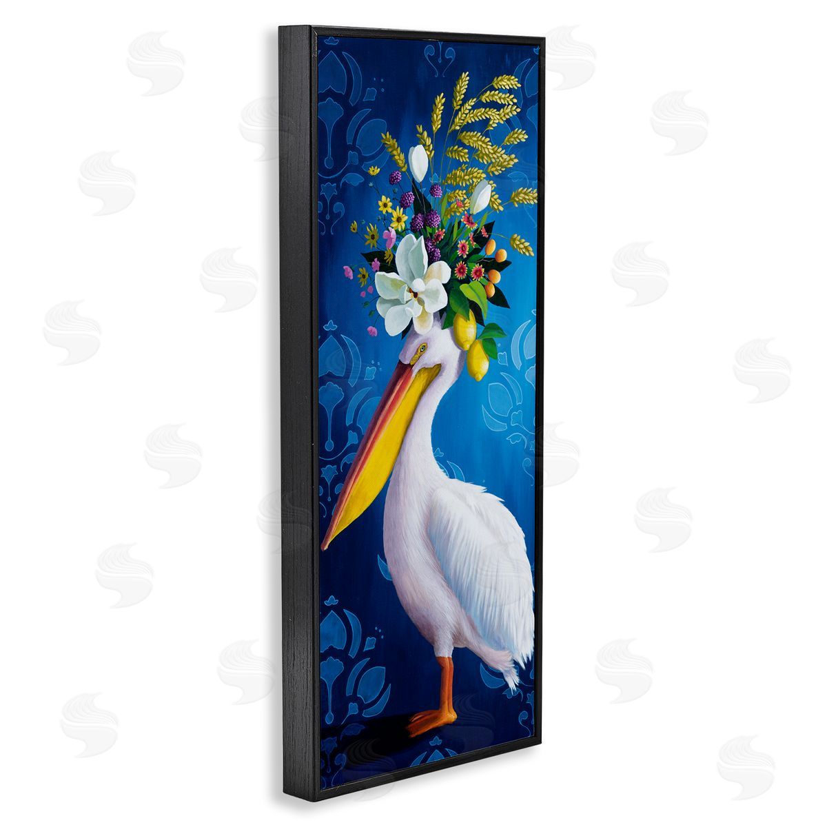 Floral Pelican over Damask Black Frame Print Wall Art, Home Decor by Heather Gauthier