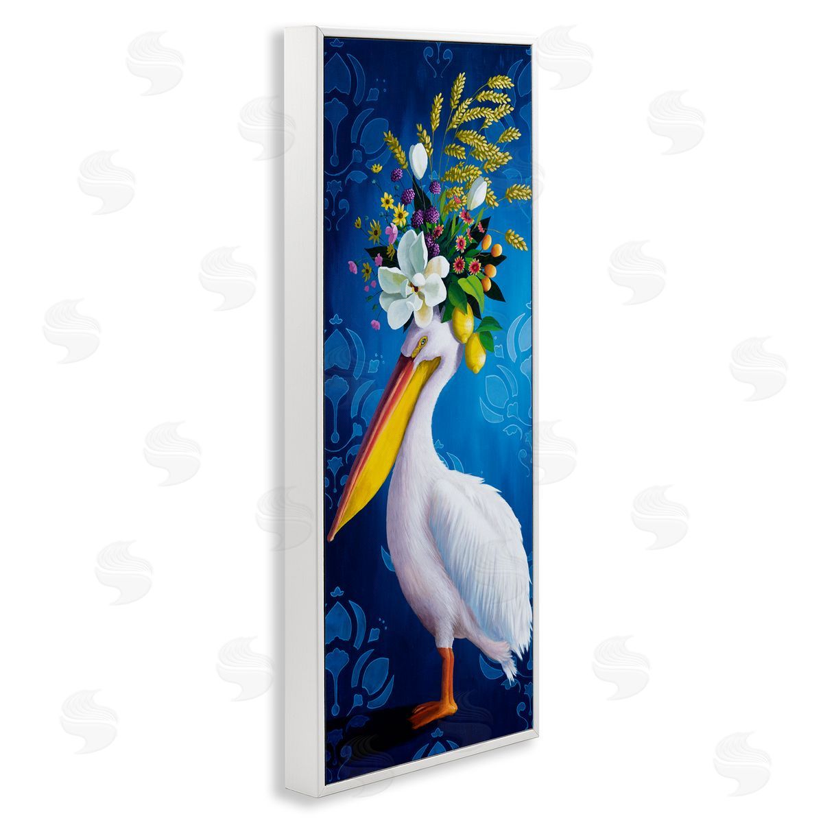 Floral Pelican over Damask White Frame Print Wall Art, Home Decor by Heather Gauthier