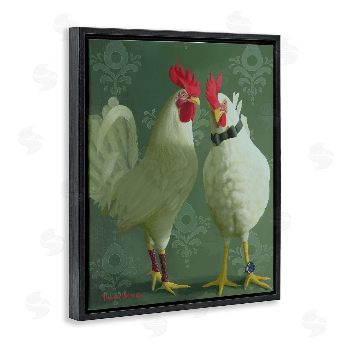 Stylish Roosters Pair Black Floating Frame Canvas Wall Art, Home Decor by Heather Gauthier