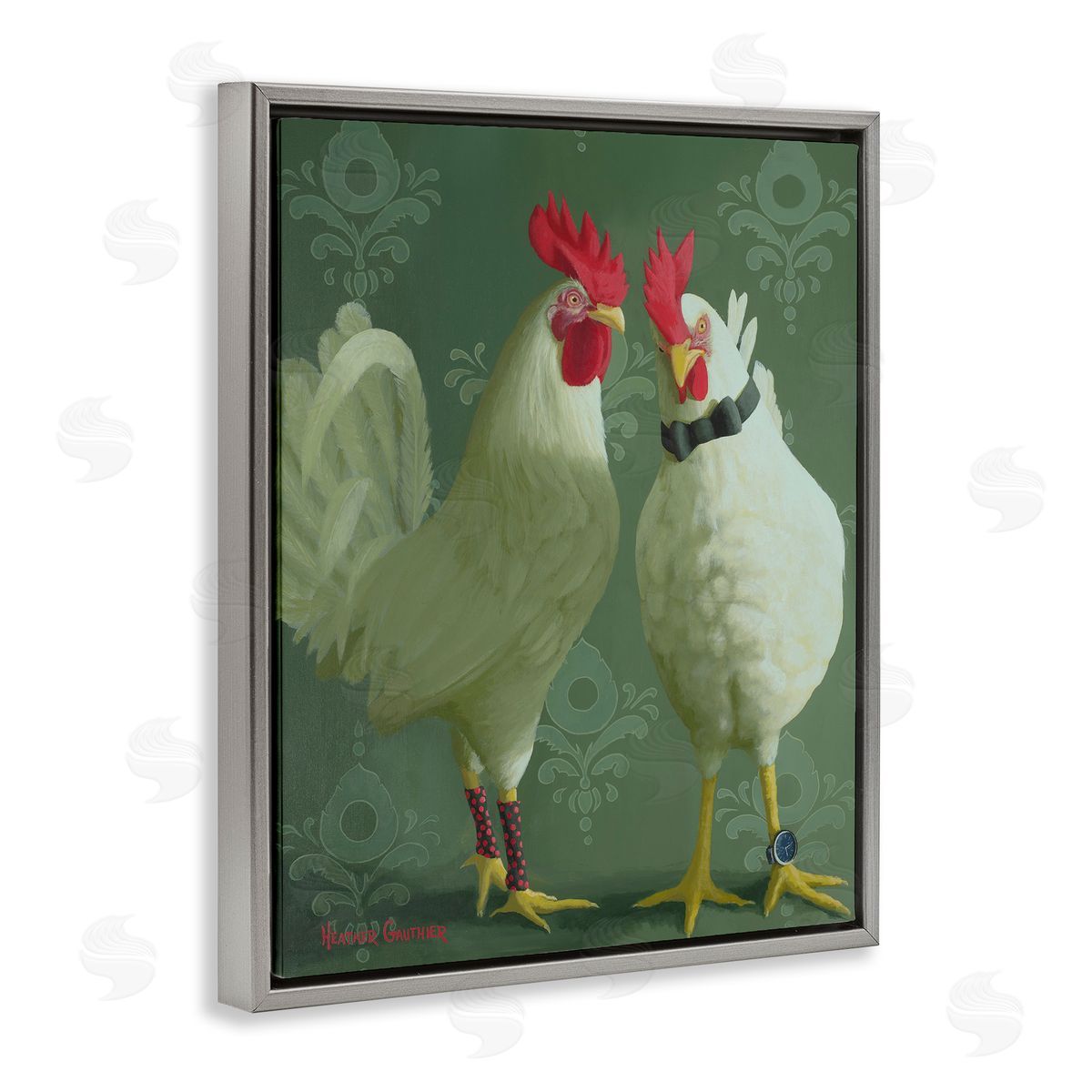 Stylish Roosters Pair Grey Floating Frame Canvas Wall Art, Home Decor by Heather Gauthier