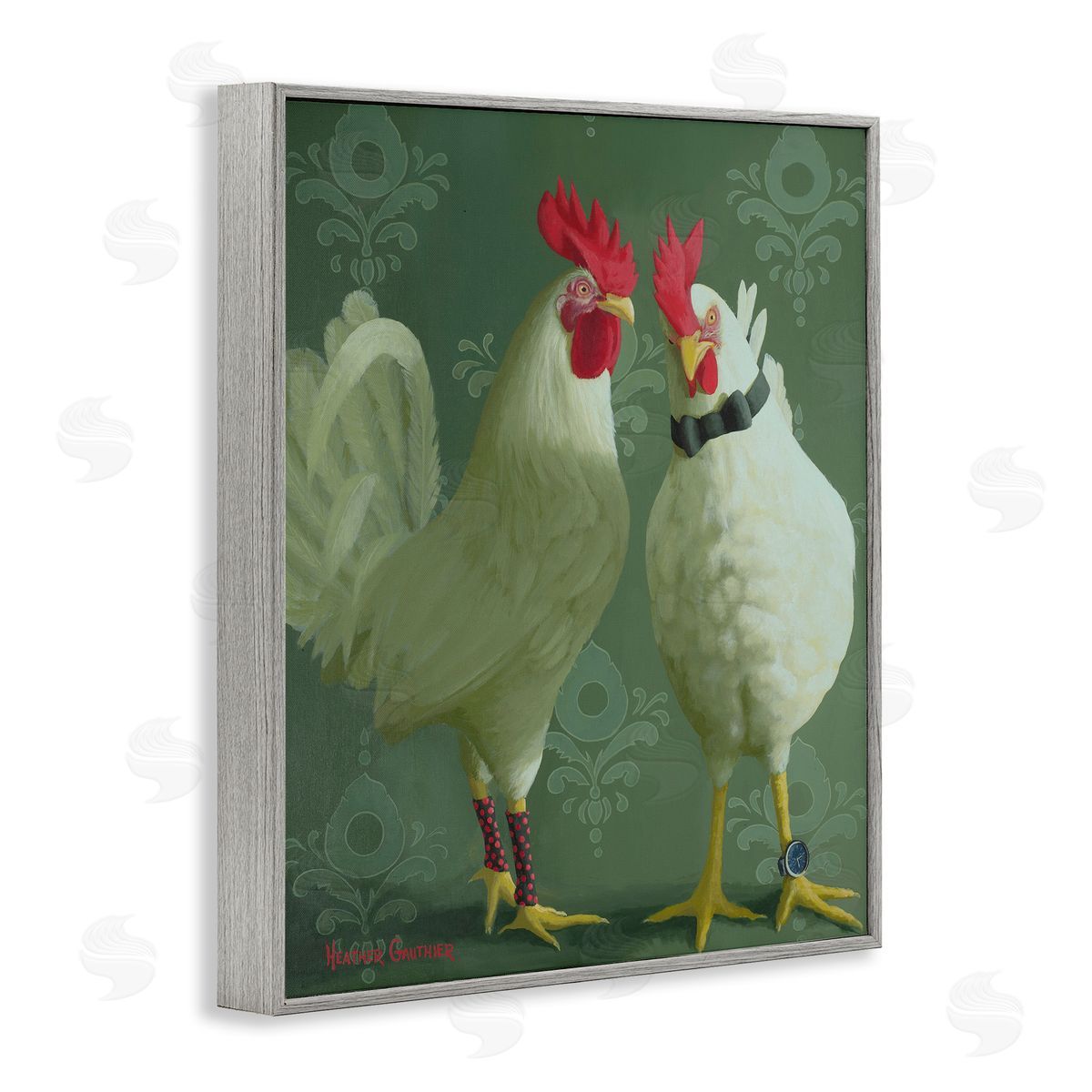 Stylish Roosters Pair Grey Frame Print Wall Art, Home Decor by Heather Gauthier
