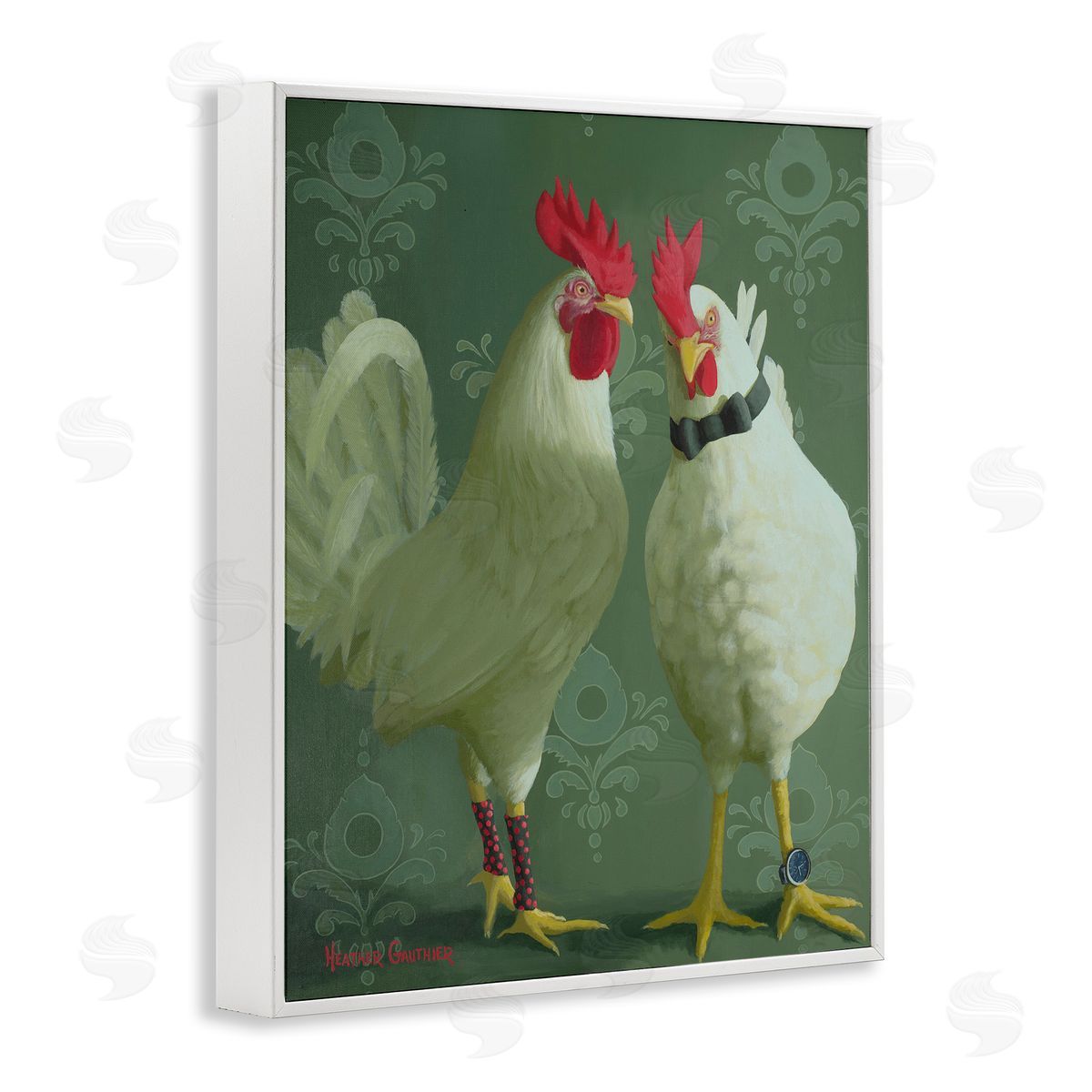 Stylish Roosters Pair White Frame Print Wall Art, Home Decor by Heather Gauthier