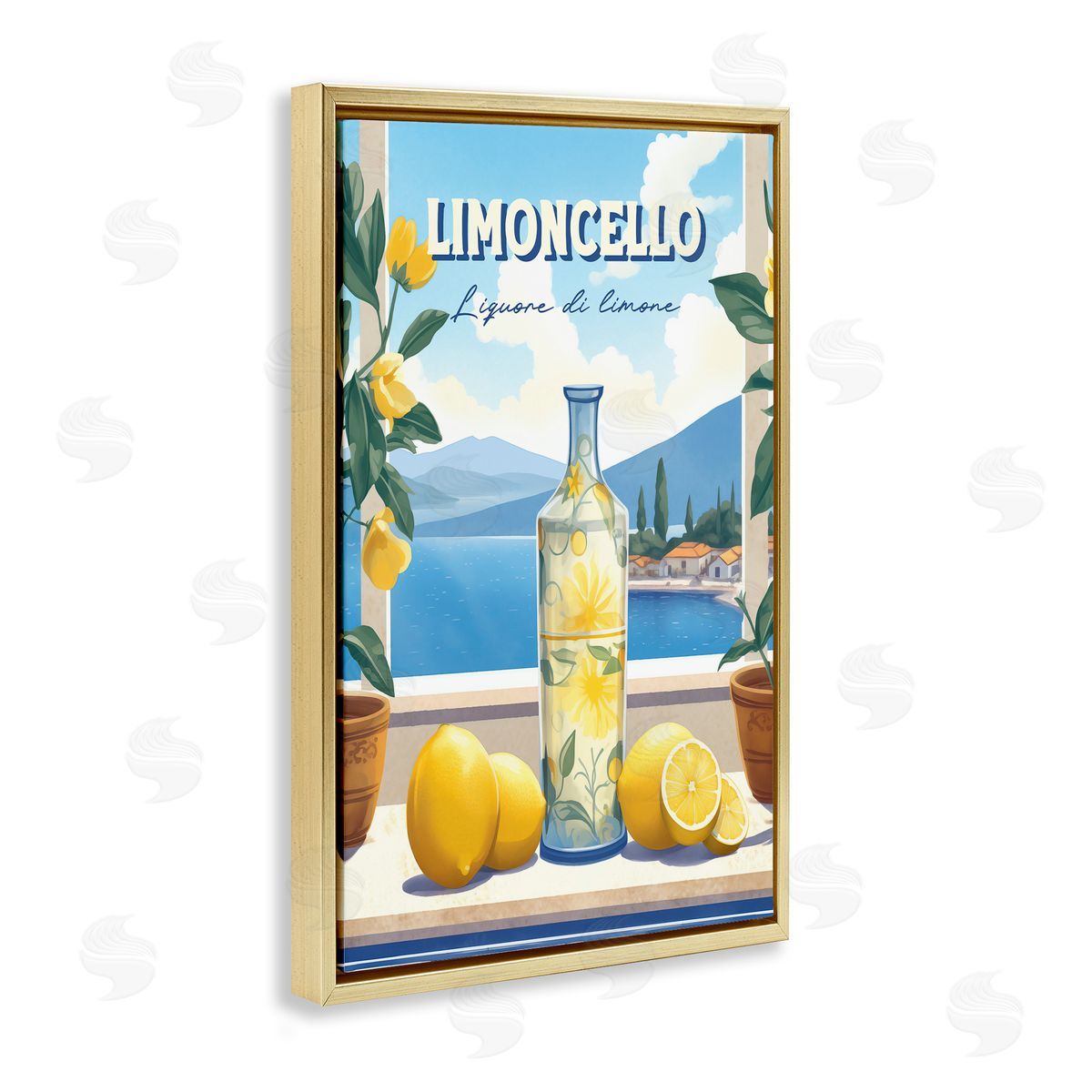 Limoncello Coastal View Gold Floating Frame Canvas Wall Art, Home Decor by Andreas Magnusson