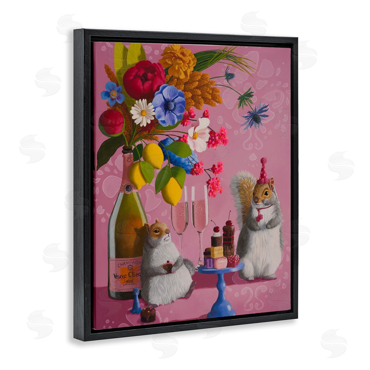 Party Hat Squirrels & Bouquet Black Floating Frame Canvas Wall Art, Home Decor by Heather Gauthier