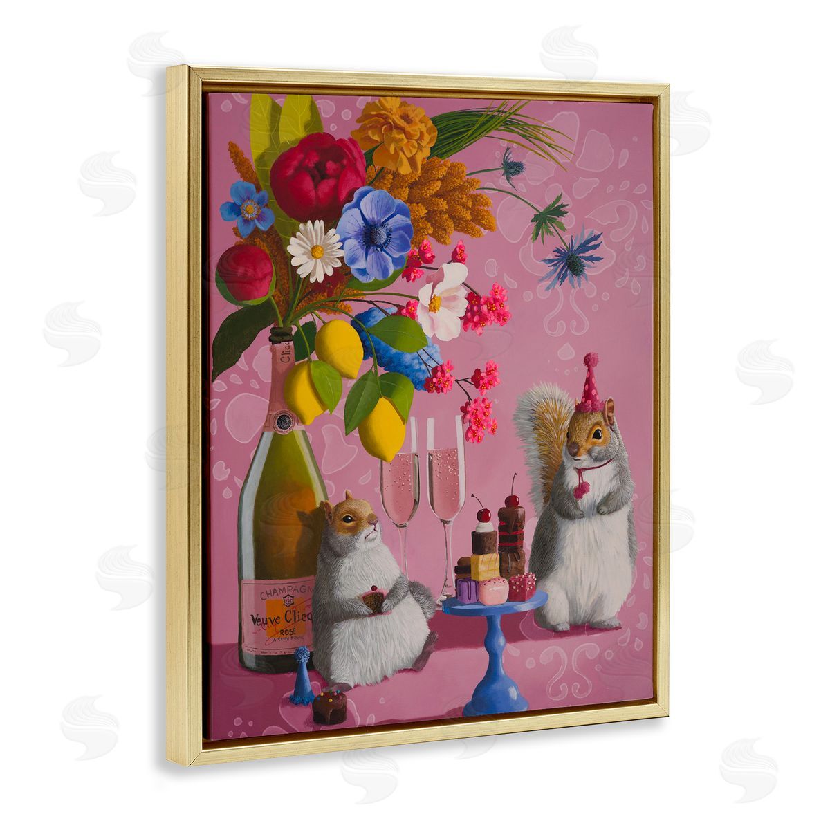 Party Hat Squirrels & Bouquet Gold Floating Frame Canvas Wall Art, Home Decor by Heather Gauthier