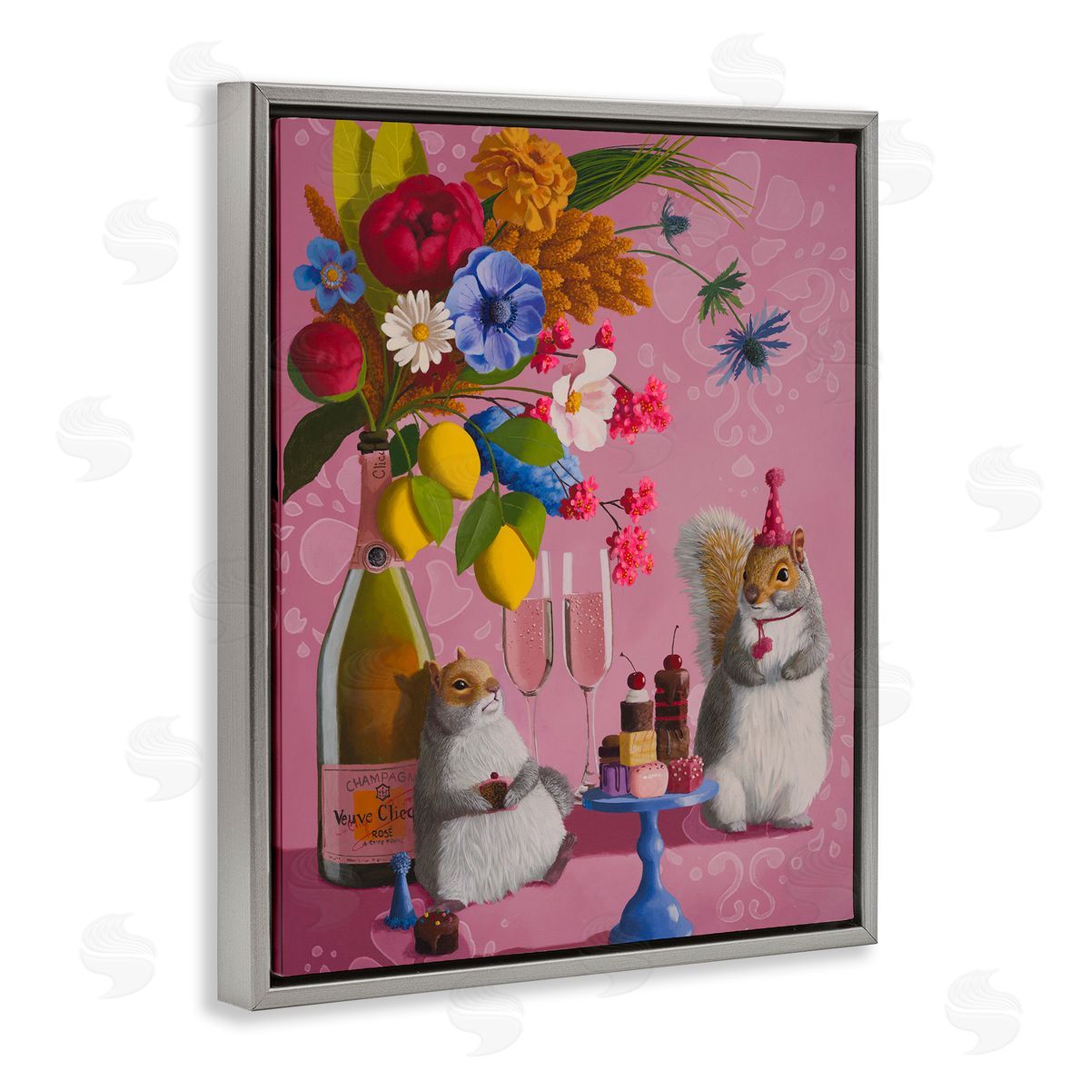 Party Hat Squirrels & Bouquet Grey Floating Frame Canvas Wall Art, Home Decor by Heather Gauthier