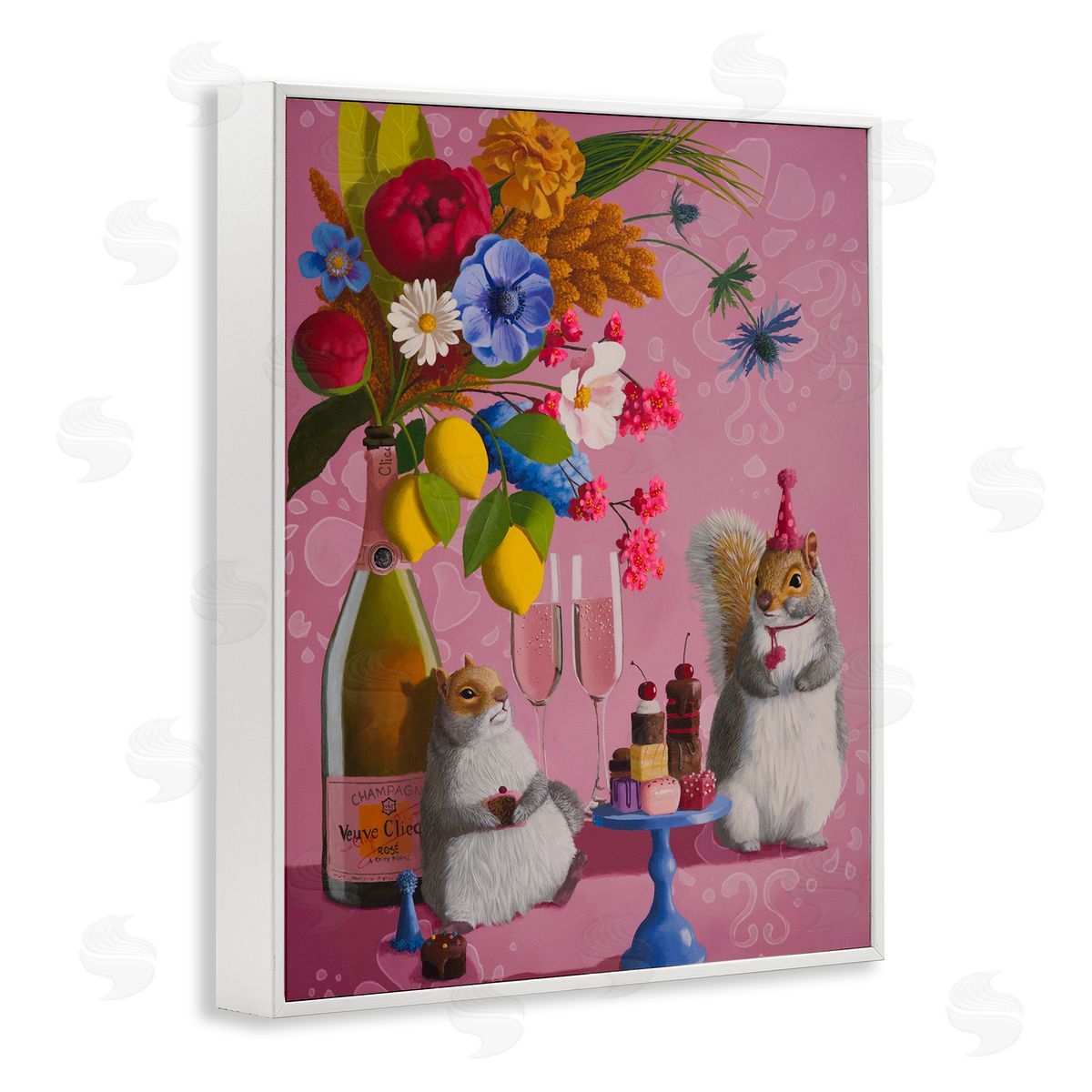 Party Hat Squirrels & Bouquet White Frame Print Wall Art, Home Decor by Heather Gauthier