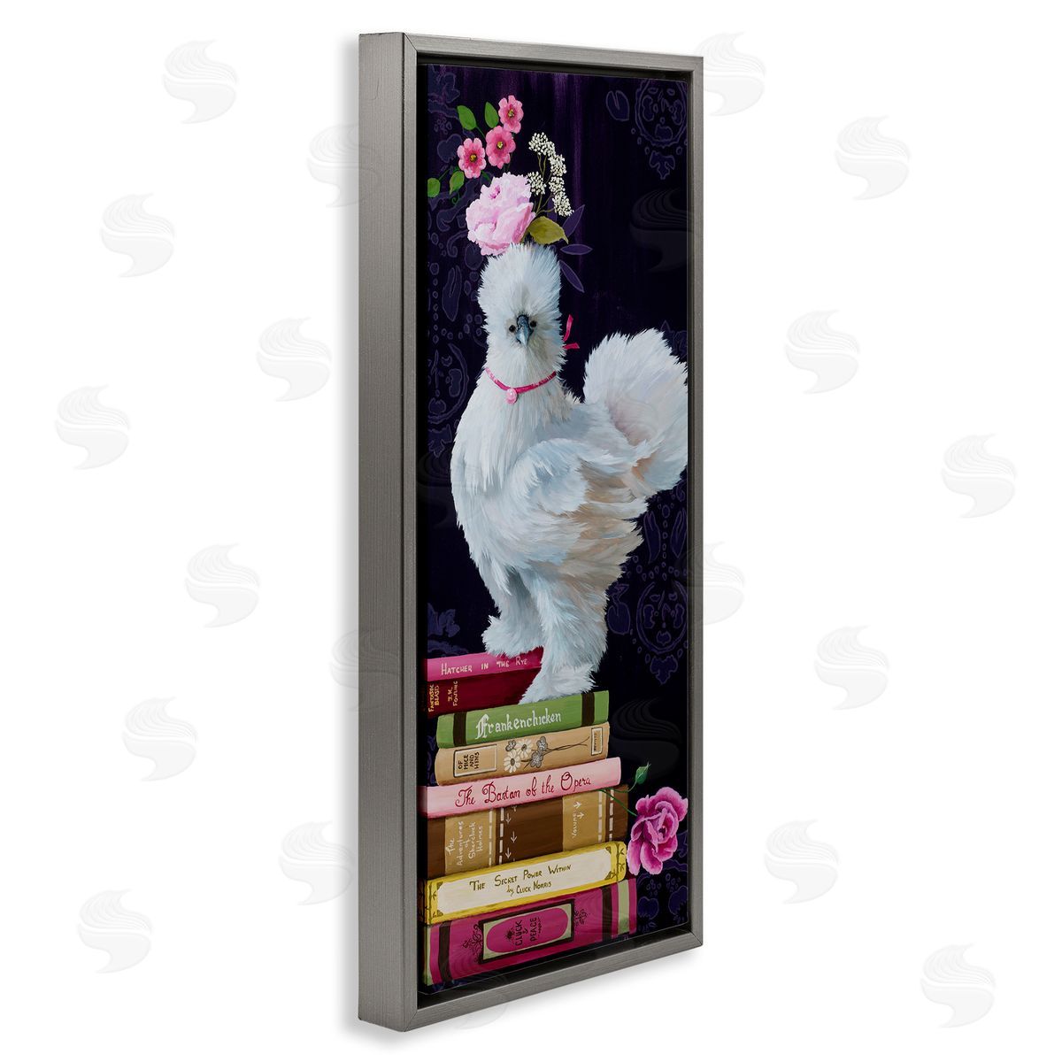 Fancy Vintage Chicken with Books Grey Floating Frame Canvas Wall Art, Home Decor by Heather Gauthier