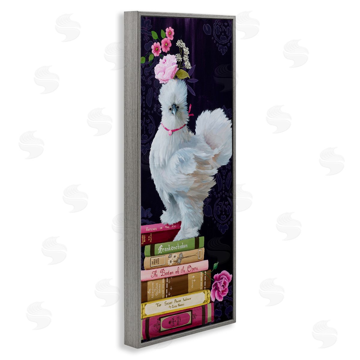 Fancy Vintage Chicken with Books Grey Frame Print Wall Art, Home Decor by Heather Gauthier