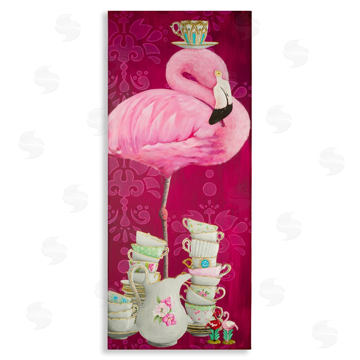 Flamingo with Antique Teacups Canvas Wall Art, Home Decor by Heather Gauthier