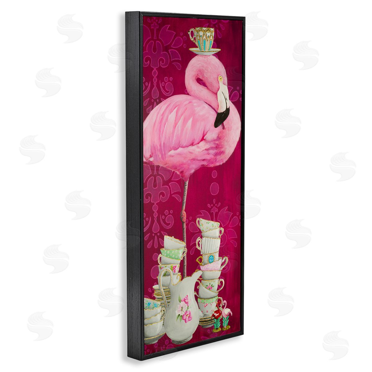 Flamingo with Antique Teacups Black Frame Print Wall Art, Home Decor by Heather Gauthier
