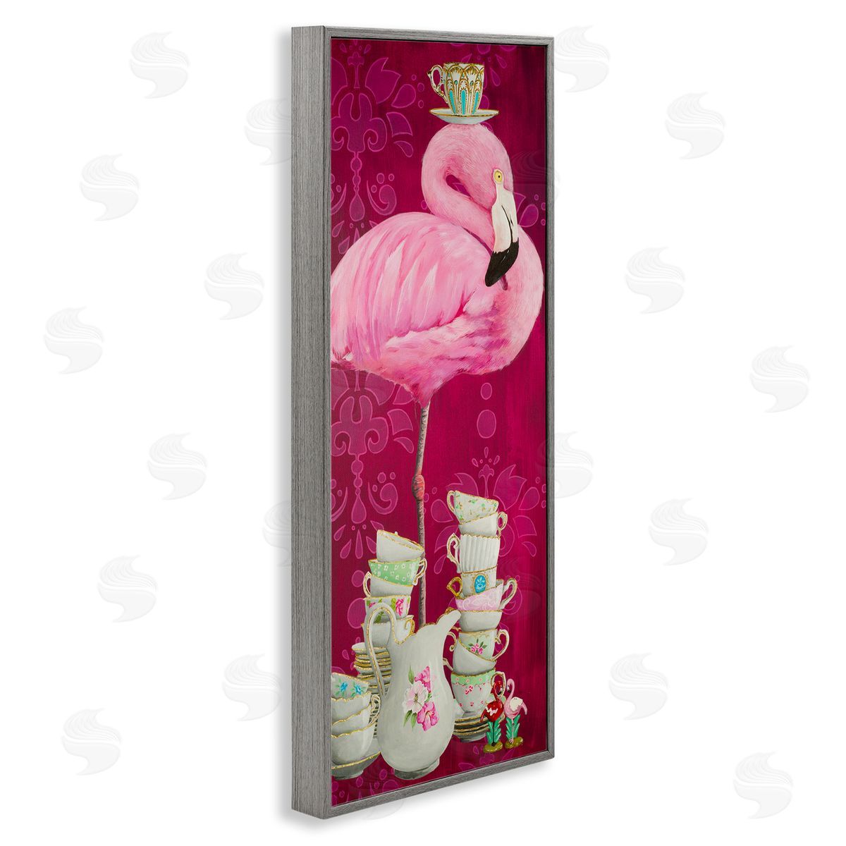 Flamingo with Antique Teacups Grey Frame Print Wall Art, Home Decor by Heather Gauthier